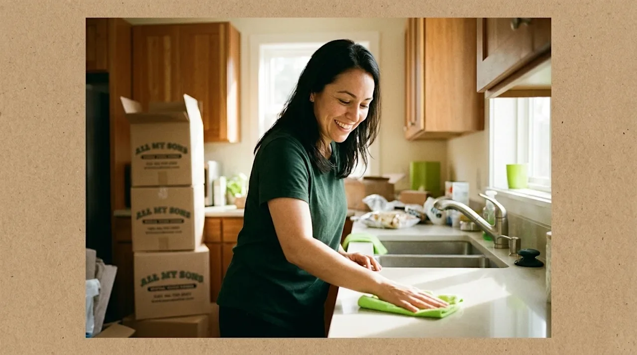 Candid 35mm film photography of a person cleaning their new home after a recent move. A cheerful woman wearing a casual dark