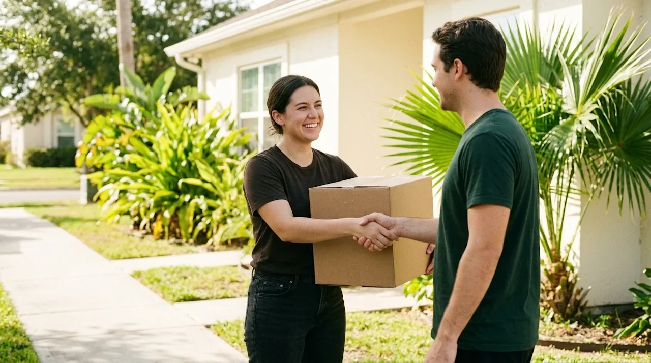 Candid lifestyle photography of a friendly introduction between new neighbors in a sunny, coastal Corpus Christi neighborhood