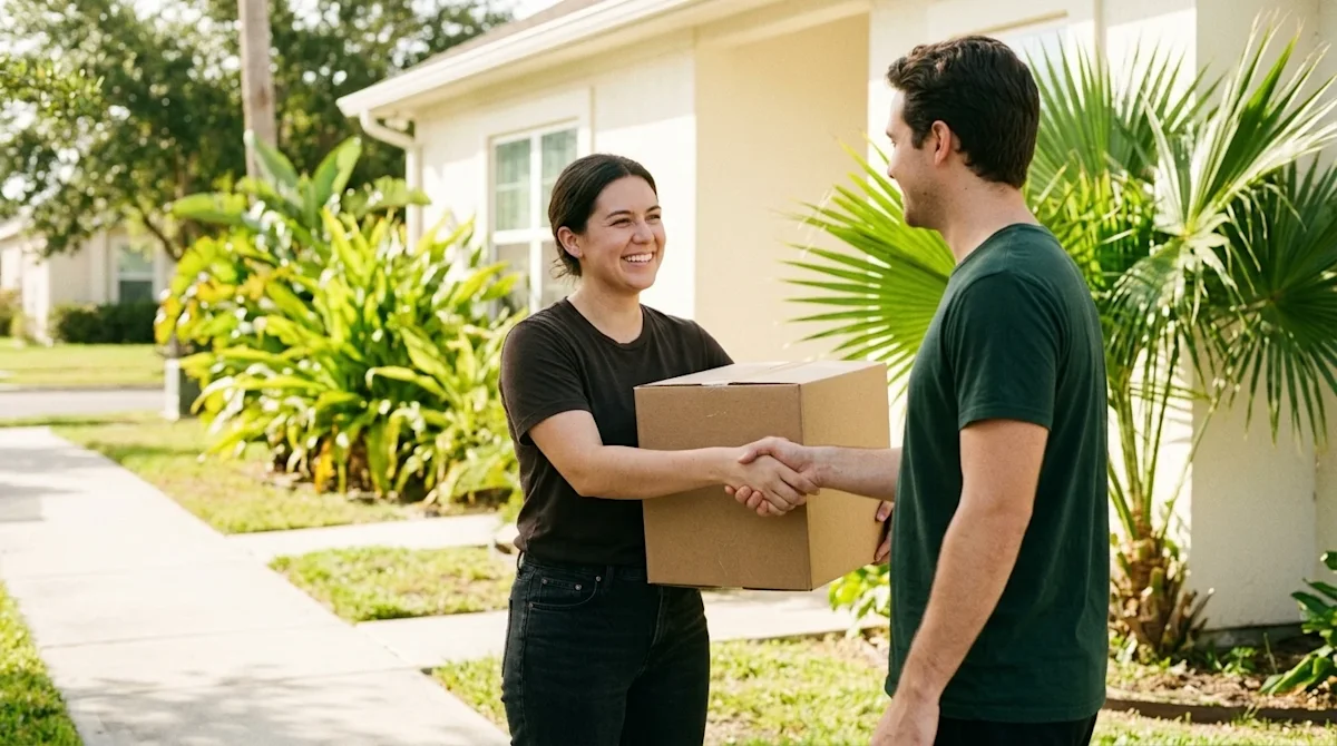 Candid lifestyle photography of a friendly introduction between new neighbors in a sunny, coastal Corpus Christi neighborhood