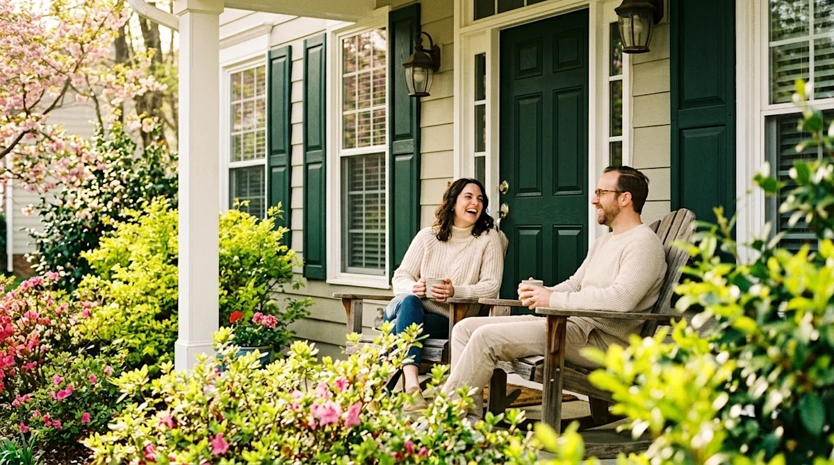 Professional marketing photography of a joyful couple enjoying a beautiful, vibrant spring morning on the front porch of a ch