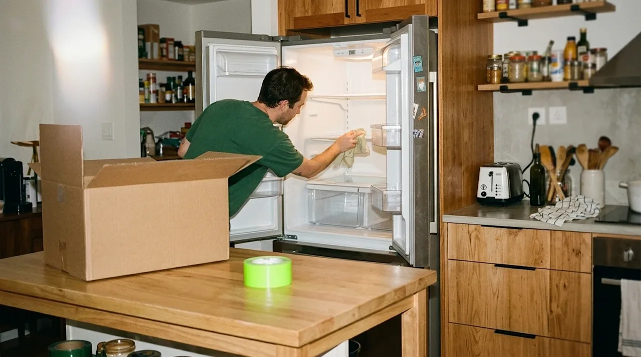 Candid 35mm film photography of a person preparing their refrigerator for a move in a warm, lived-in kitchen. A person wearin