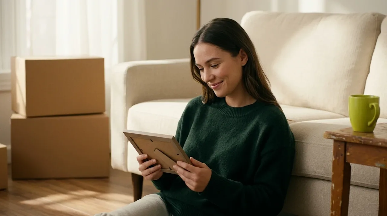 Clear and professional marketing photography, lifestyle portrait. A young woman sitting comfortably on the floor of a partial