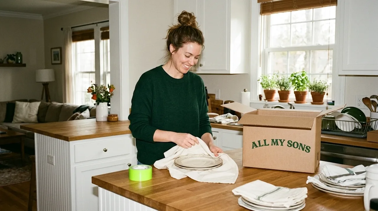 Clear, high-quality lifestyle marketing photography of a realistic home packing scene focused on budget-friendly tips. A smil