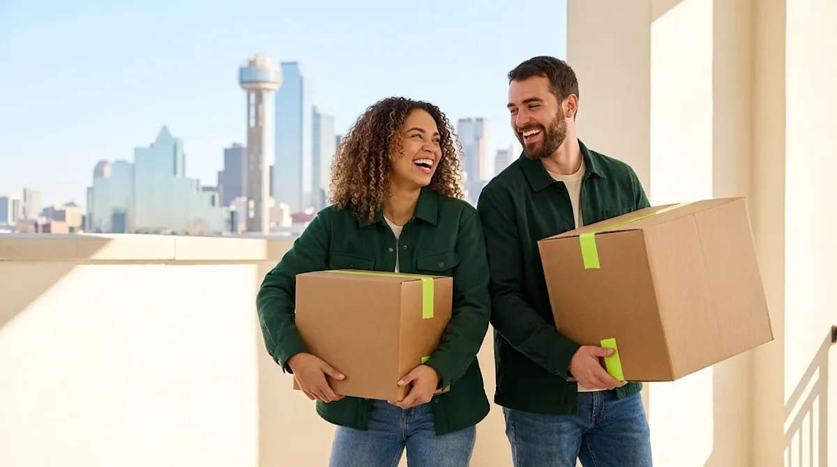 Happy couple carrying moving boxes with lime green tape, smiling in front of the Dallas skyline and Reunion Tower.