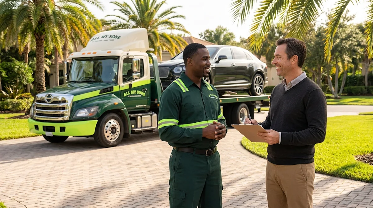 All My Sons auto transport specialist and client in a sunny Jacksonville driveway next to a loaded car carrier truck.