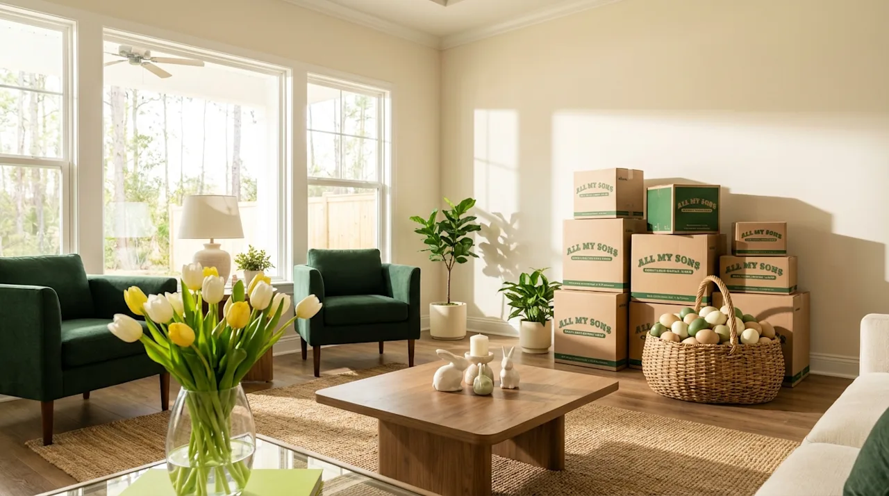 All My Sons moving boxes in a bright Jacksonville living room decorated for Easter with tulips and a basket of eggs.