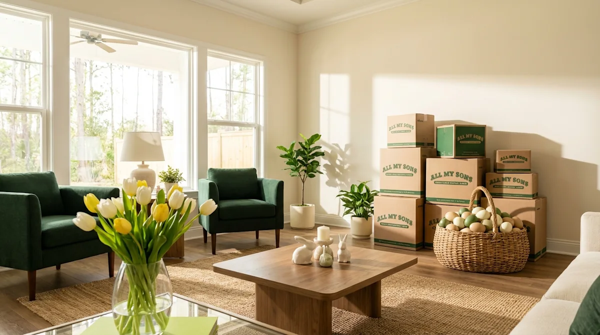 All My Sons moving boxes in a bright Jacksonville living room decorated for Easter with tulips and a basket of eggs.