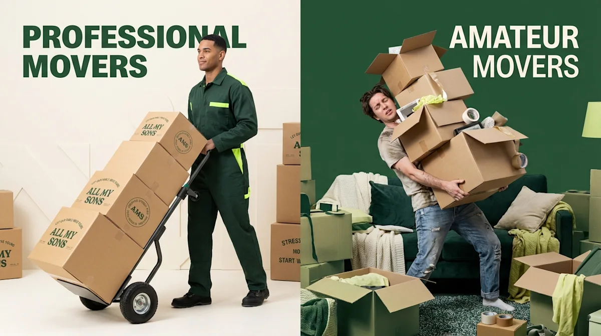 Professional All My Sons mover with a hand truck vs a struggling amateur mover in a split-screen brand graphic.