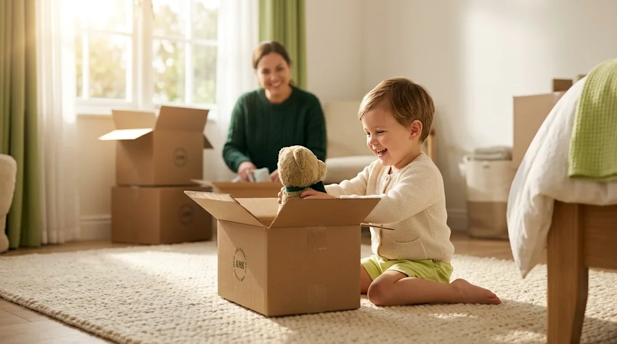 Professional marketing photography of a smiling young child happily engaging in the moving process, sitting on a warm cream-c