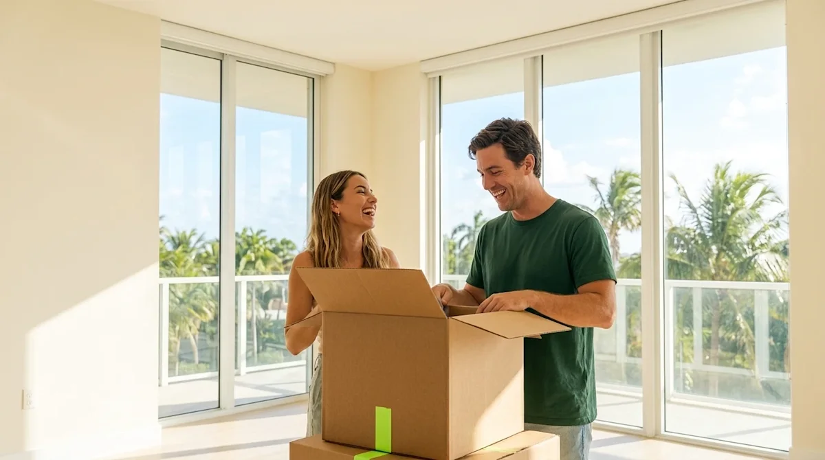 Clear and professional lifestyle marketing photography of a happy couple in their 30s unpacking a brown cardboard moving box