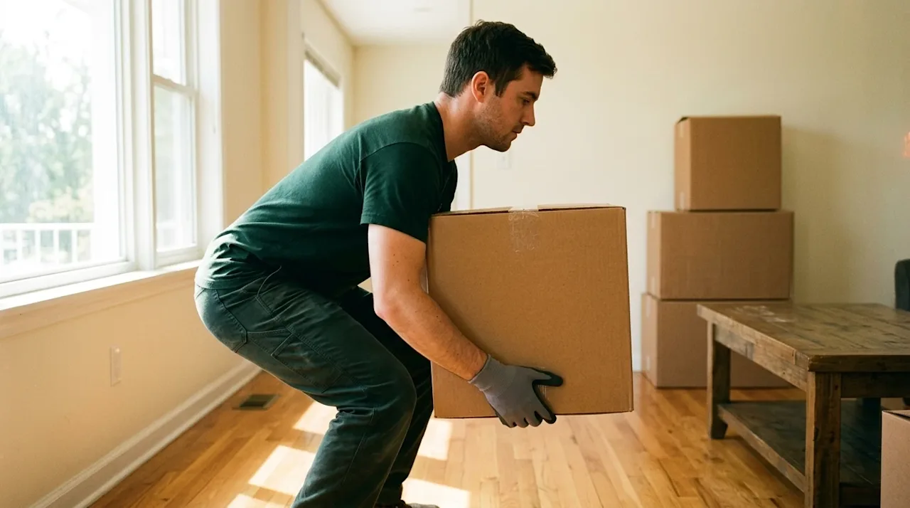 Candid lifestyle photograph of a professional mover demonstrating safe lifting techniques in a brightly lit residential livin