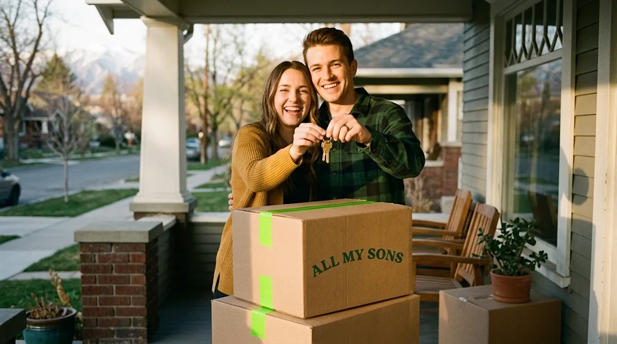 A candid, lifestyle photograph of a joyful young couple standing on the front porch of their new house, holding up a set of h