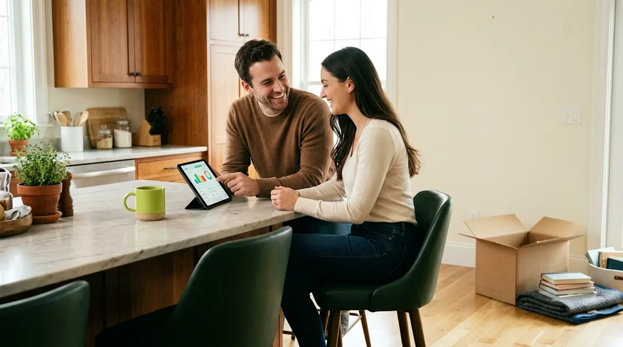 Clear and professional marketing photography of a happy couple sitting at their kitchen island in a new suburban home, smilin