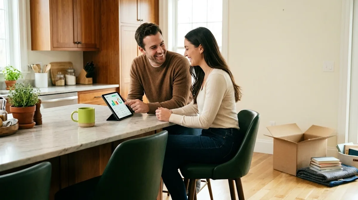 Clear and professional marketing photography of a happy couple sitting at their kitchen island in a new suburban home, smilin