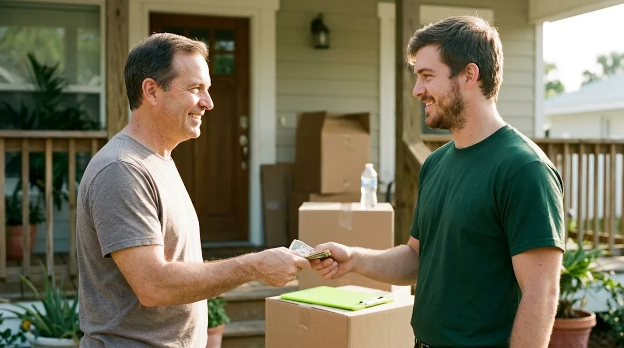 A candid, documentary-style 35mm film photograph of a happy homeowner warmly handing a cash tip to a friendly, smiling profes