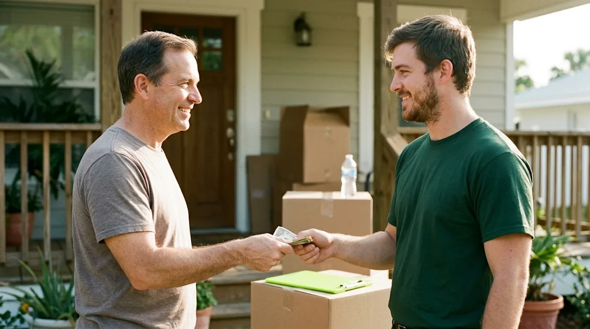 A candid, documentary-style 35mm film photograph of a happy homeowner warmly handing a cash tip to a friendly, smiling profes