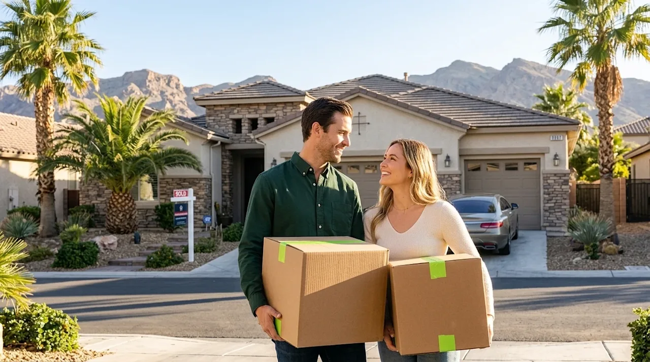 Professional lifestyle photography of a happy couple standing in the driveway of a beautiful, sunlit suburban home in a Las V
