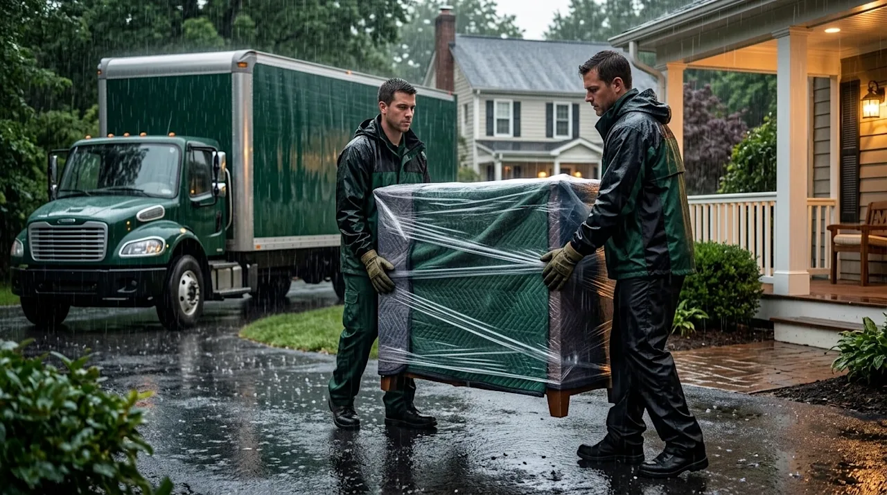 Commercial photography of professional movers working in the rain, suitable for a wide blog hero image. Two movers wearing ra