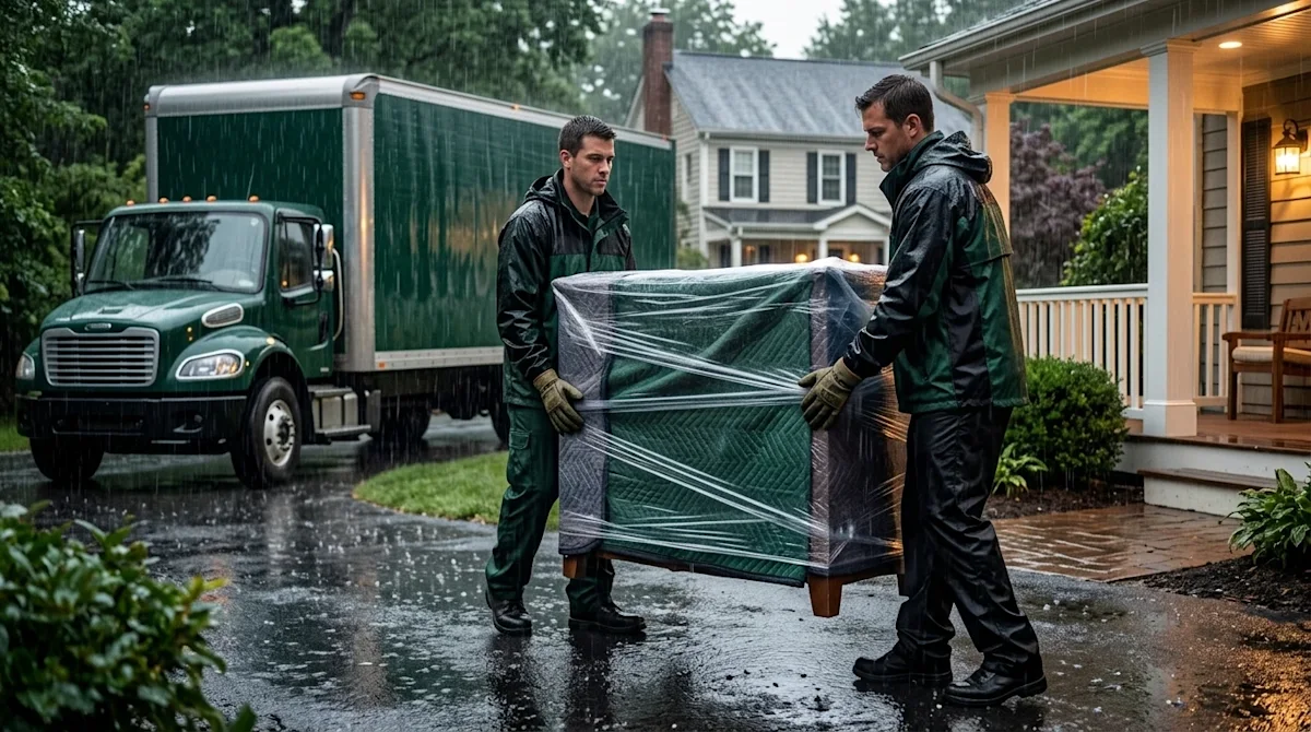 Commercial photography of professional movers working in the rain, suitable for a wide blog hero image. Two movers wearing ra