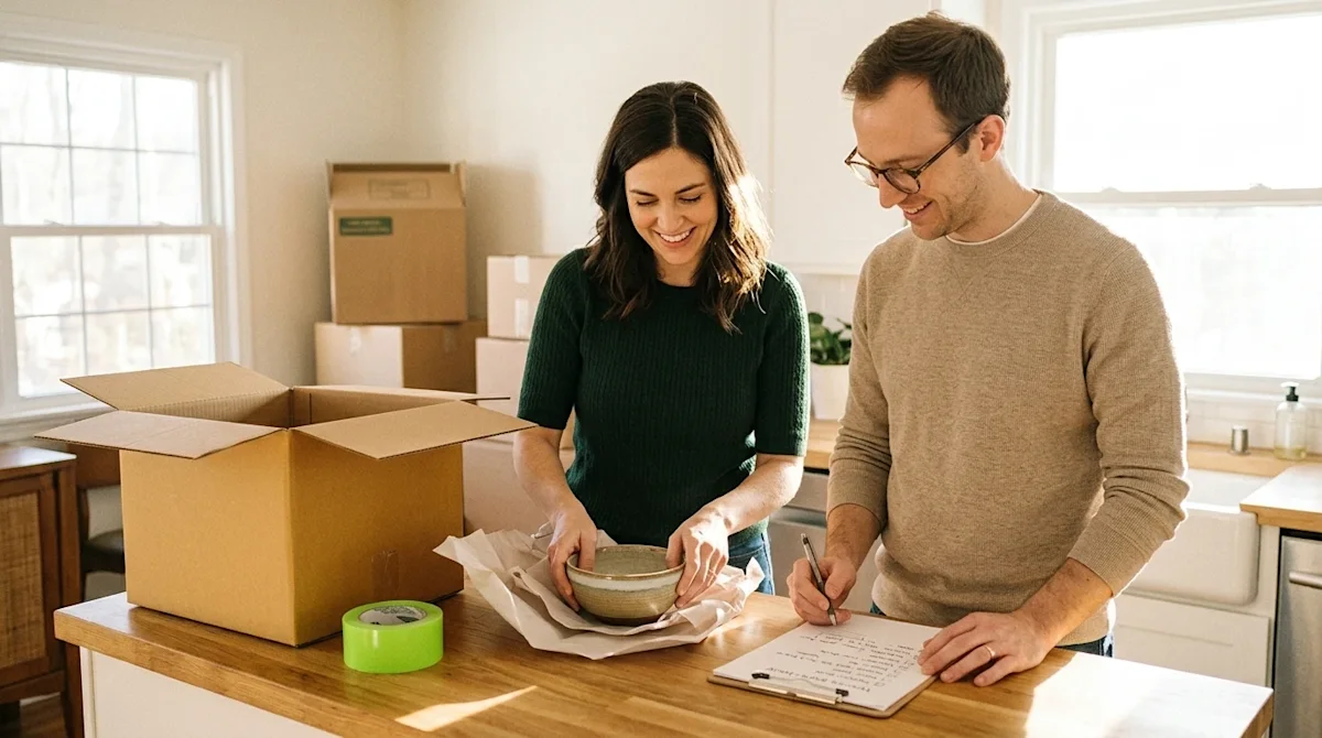 Candid lifestyle photography of a smiling couple preparing for a move in a sunlit, cozy home interior, capturing a stress-fre