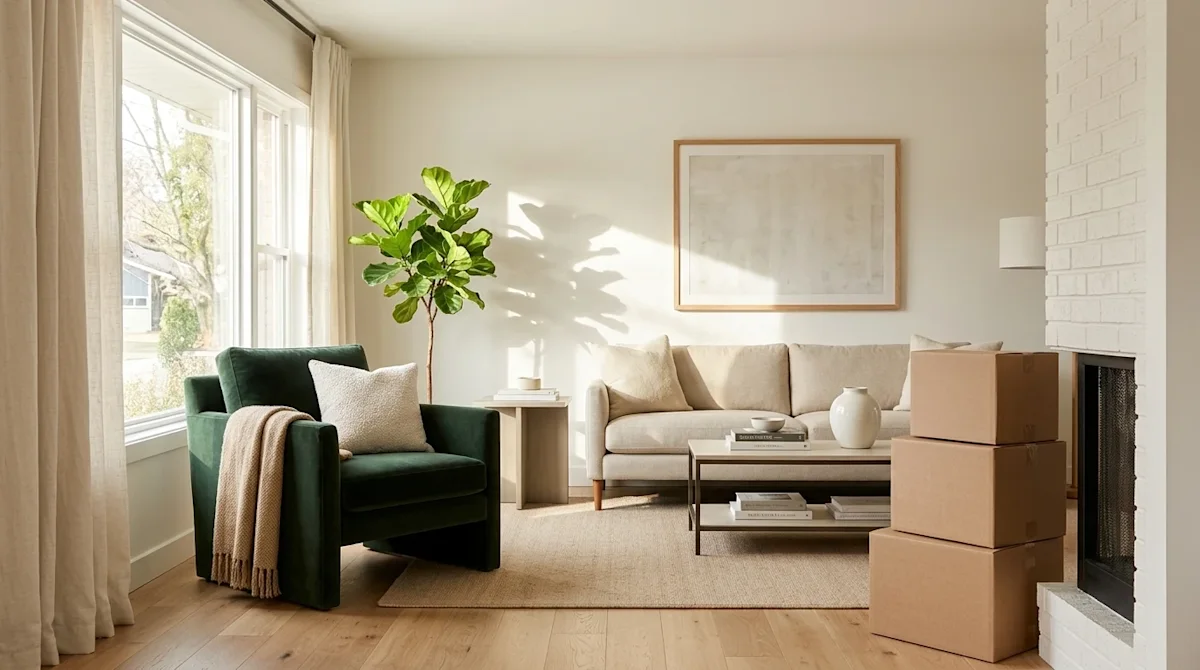 Clear, professional marketing photography of a beautifully styled, newly made-over modern living room. The space feels fresh,