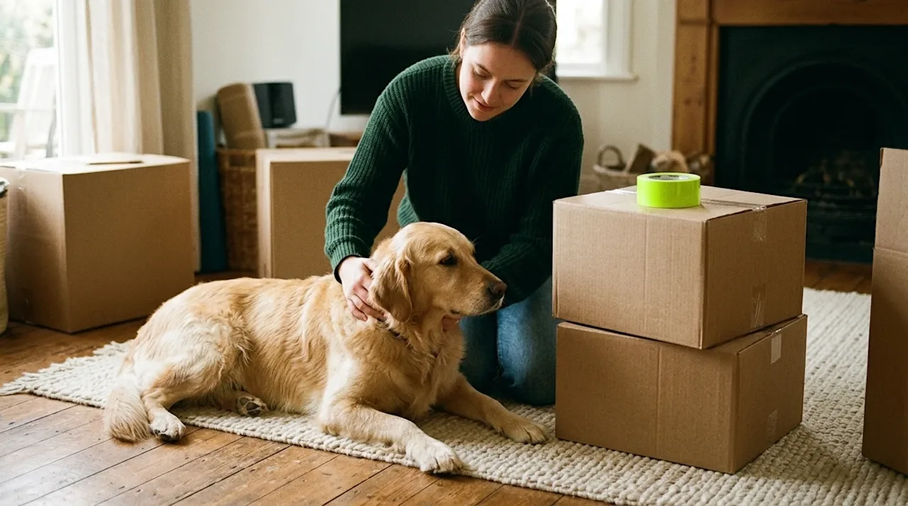 A candid, warm lifestyle photograph of a person preparing to move with their pet in a cozy suburban home. A happy dog sits co