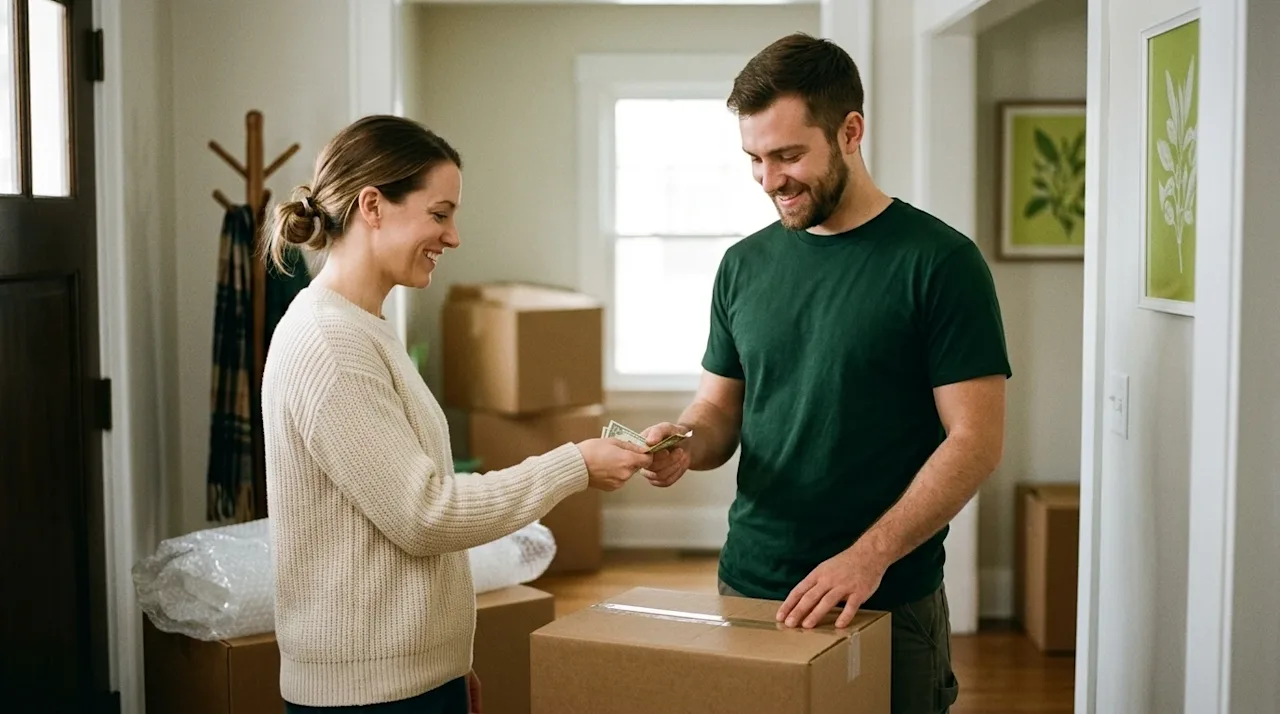 A candid, high-quality lifestyle photograph of a smiling homeowner handing a cash tip to a friendly professional mover in the