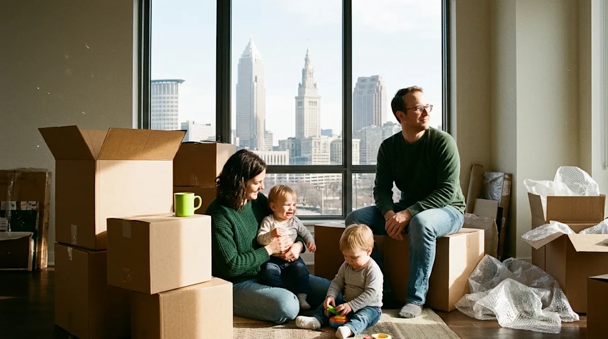 A candid, warm 35mm film-style photograph of a happy family taking a break from unpacking in their new living room, looking o