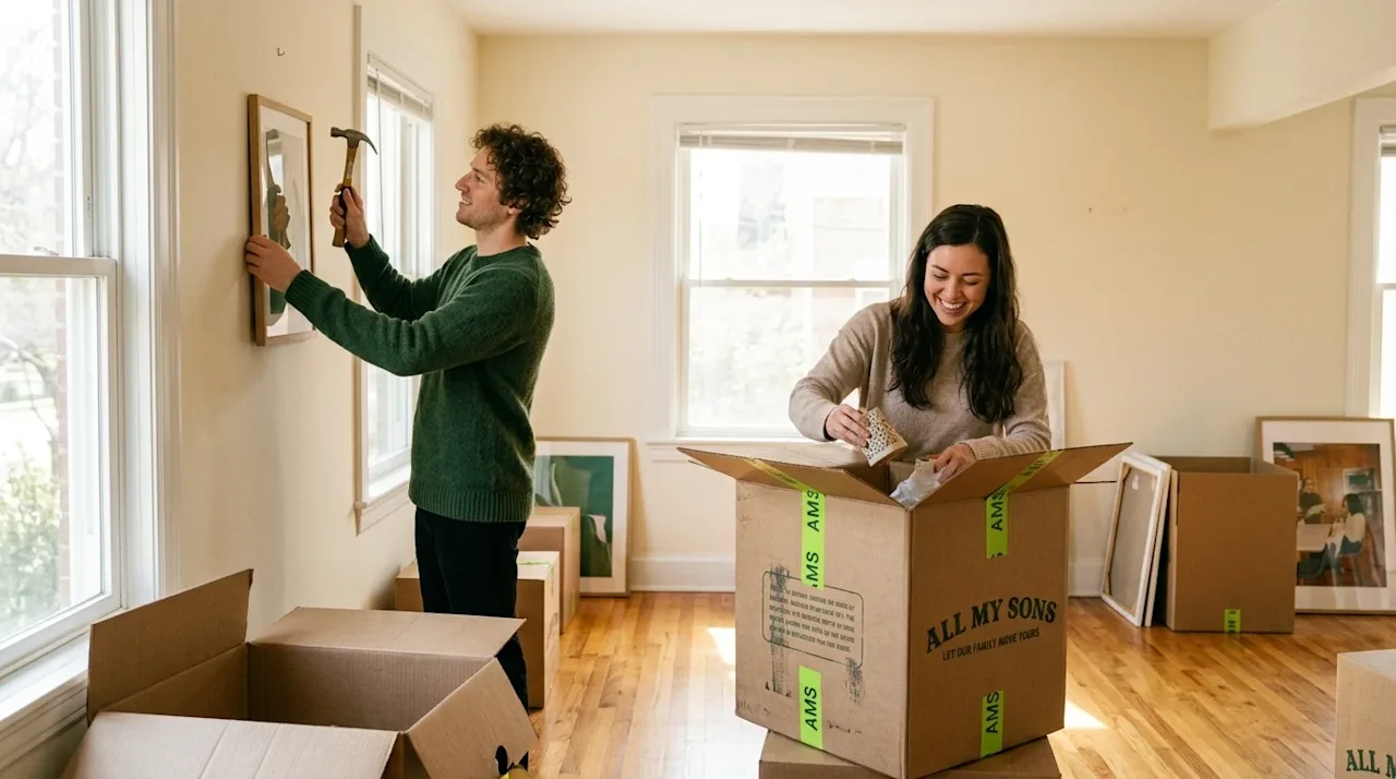 Candid lifestyle photography of a happy couple customizing and decorating their new home. They are in a sunlit, inviting livi