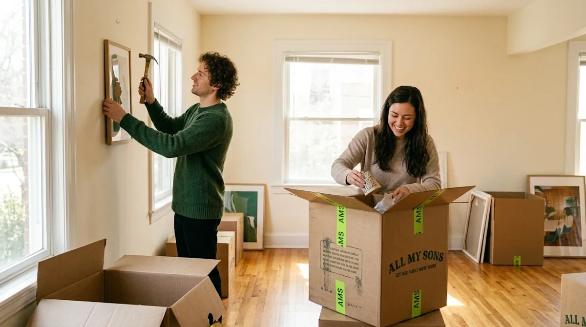 Candid lifestyle photography of a happy couple customizing and decorating their new home. They are in a sunlit, inviting livi