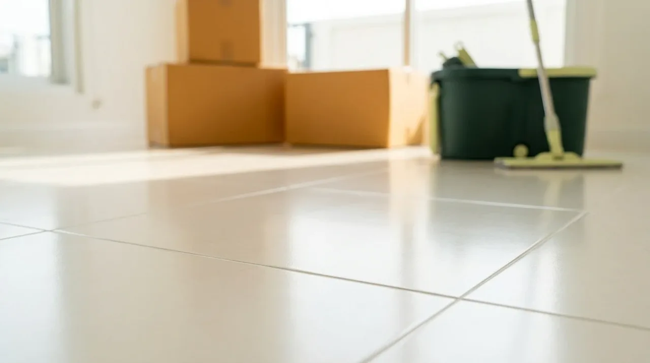 A high-resolution commercial photography lifestyle shot of a gleaming, spotless cream-colored ceramic tile floor inside a bright kitchen.
