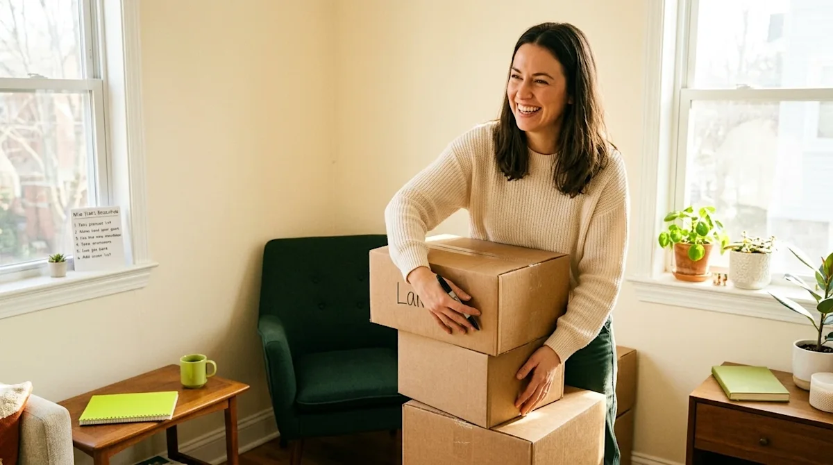 Candid lifestyle photography of a cheerful woman organizing a bright, cozy living room for the new year, symbolizing at-home