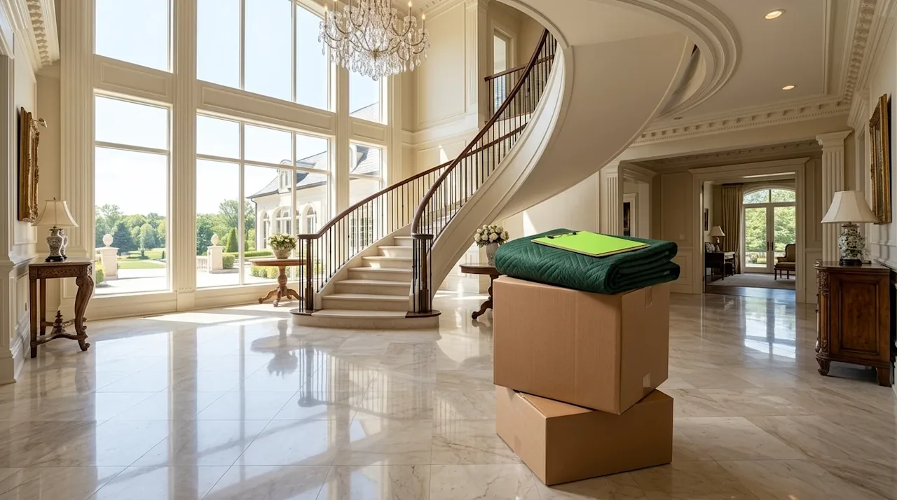 Professional marketing photography, high-end real estate wide shot of a luxurious celebrity mansion's grand foyer. Polished m