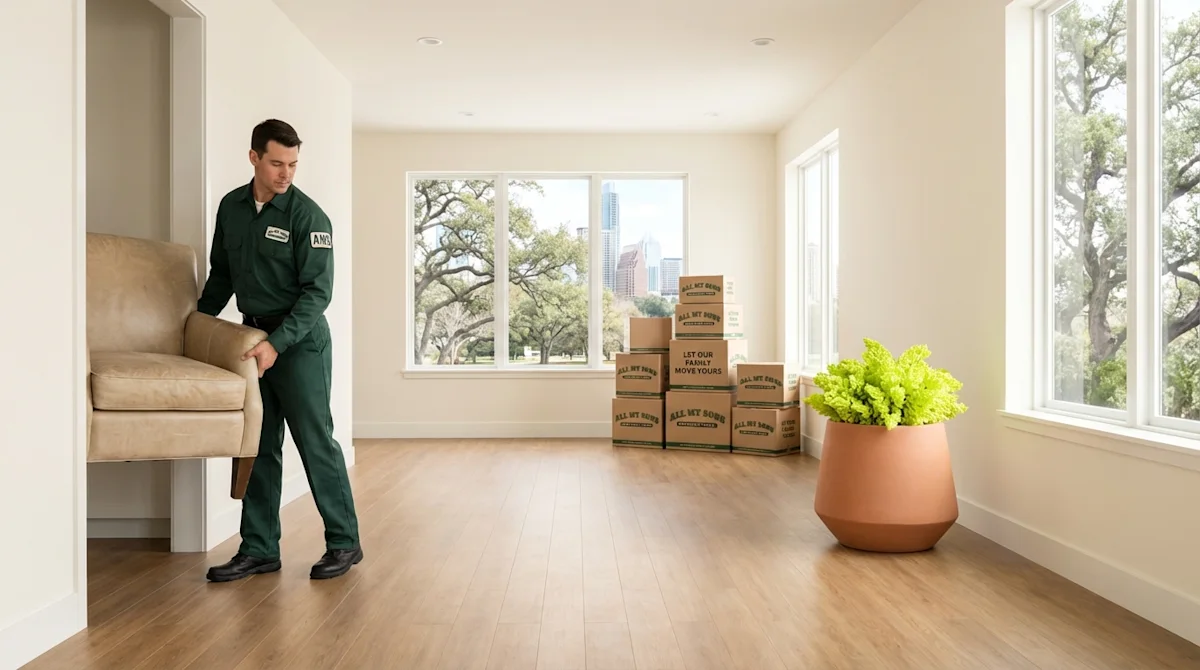 All My Sons mover removing furniture from a bright, modern living room in Austin, Texas.