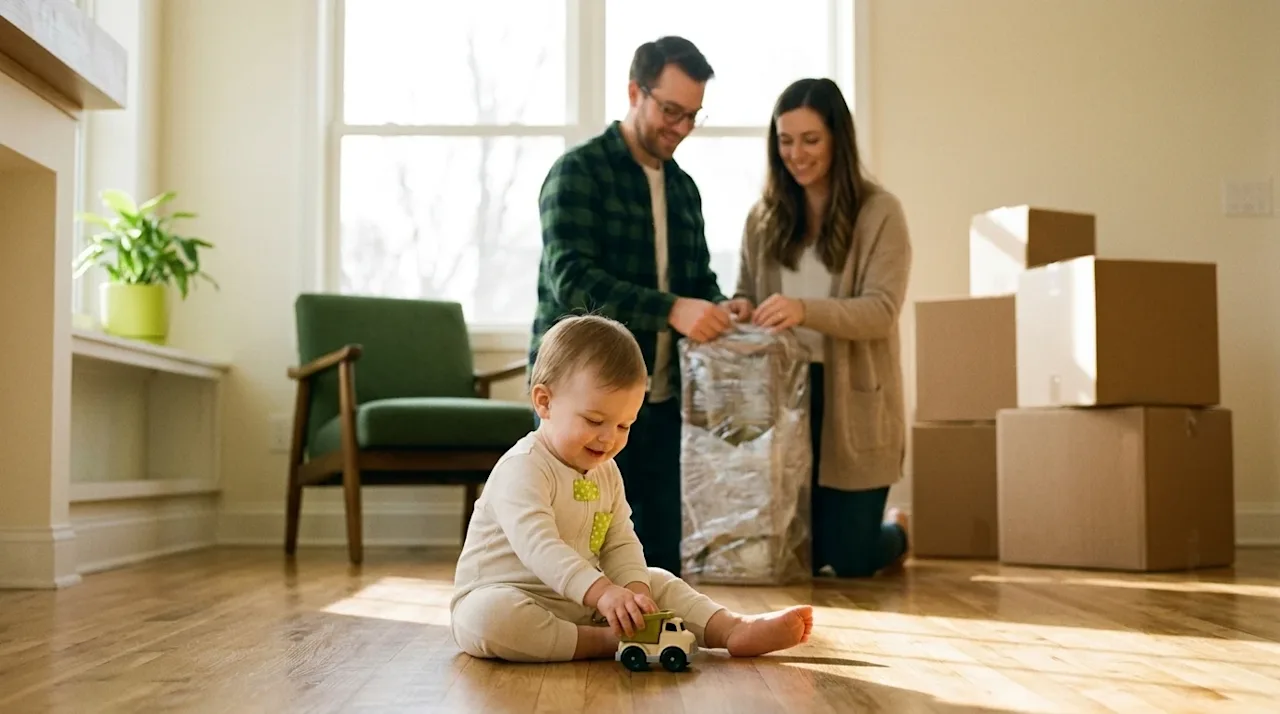 Candid, heartwarming lifestyle photography of a young family with a toddler in a sunlit living room on moving day. The toddle