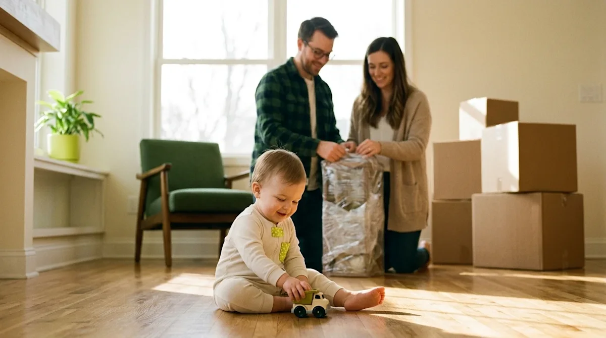 Candid, heartwarming lifestyle photography of a young family with a toddler in a sunlit living room on moving day. The toddle