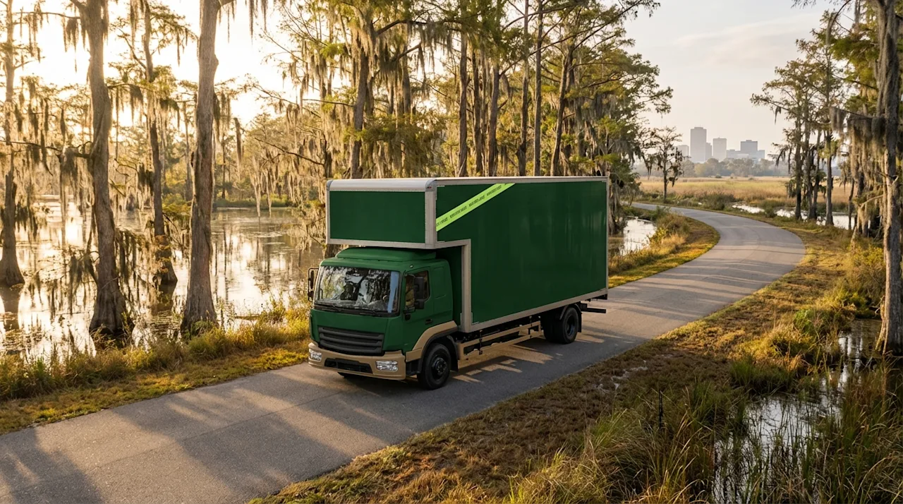 Green moving truck driving through scenic Louisiana bayou road with distant Baton Rouge skyline.