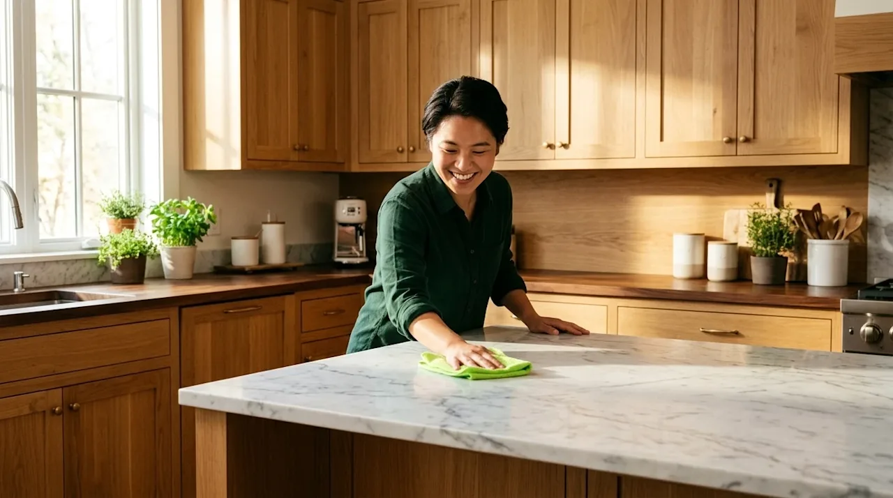 Professional marketing photography of a spotless, brightly lit kitchen with warm natural wood cabinetry. A smiling person wea