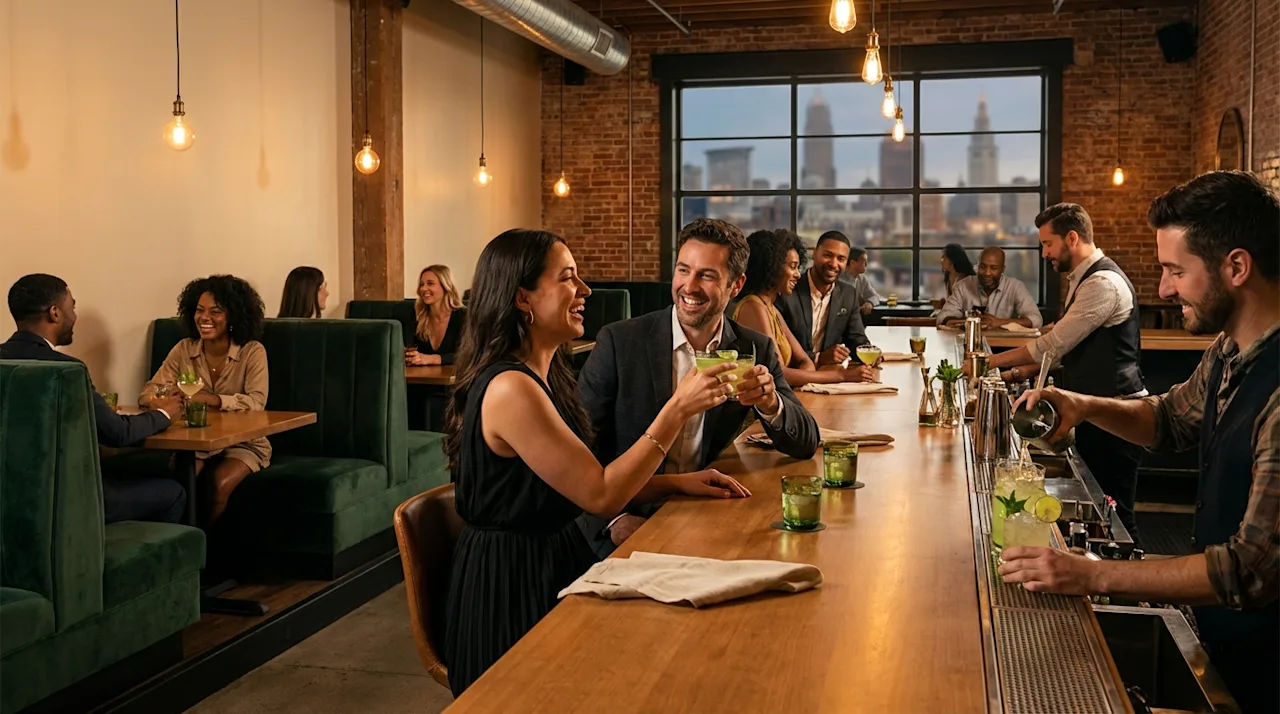 Friends toasting cocktails at a stylish Cleveland bar with city skyline views and green velvet booths.