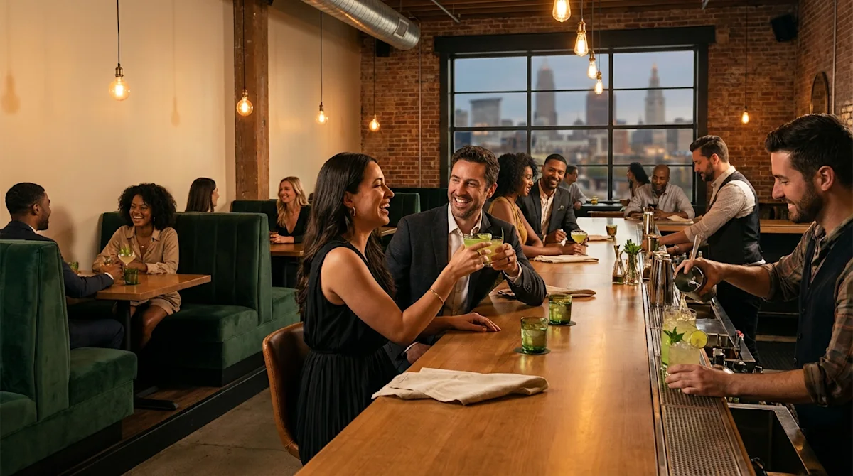Friends toasting cocktails at a stylish Cleveland bar with city skyline views and green velvet booths.