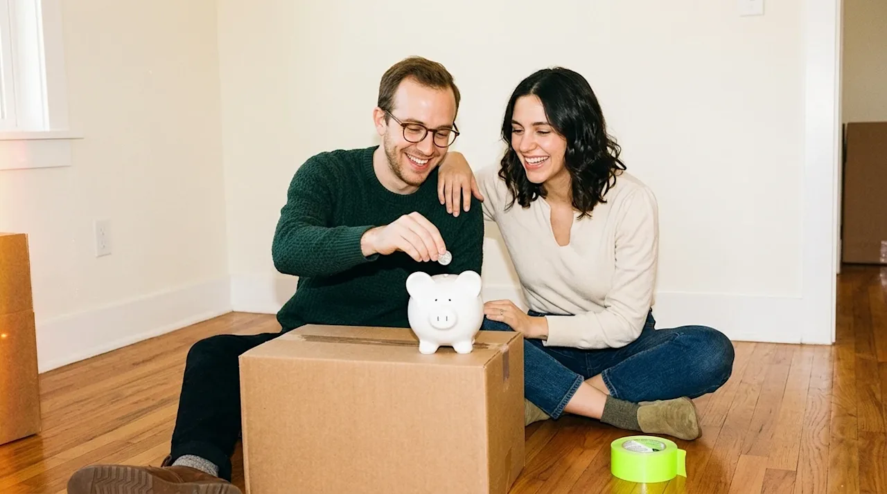 Authentic, candid lifestyle photography of a smiling young couple in a warmly lit room preparing for a move, illustrating the