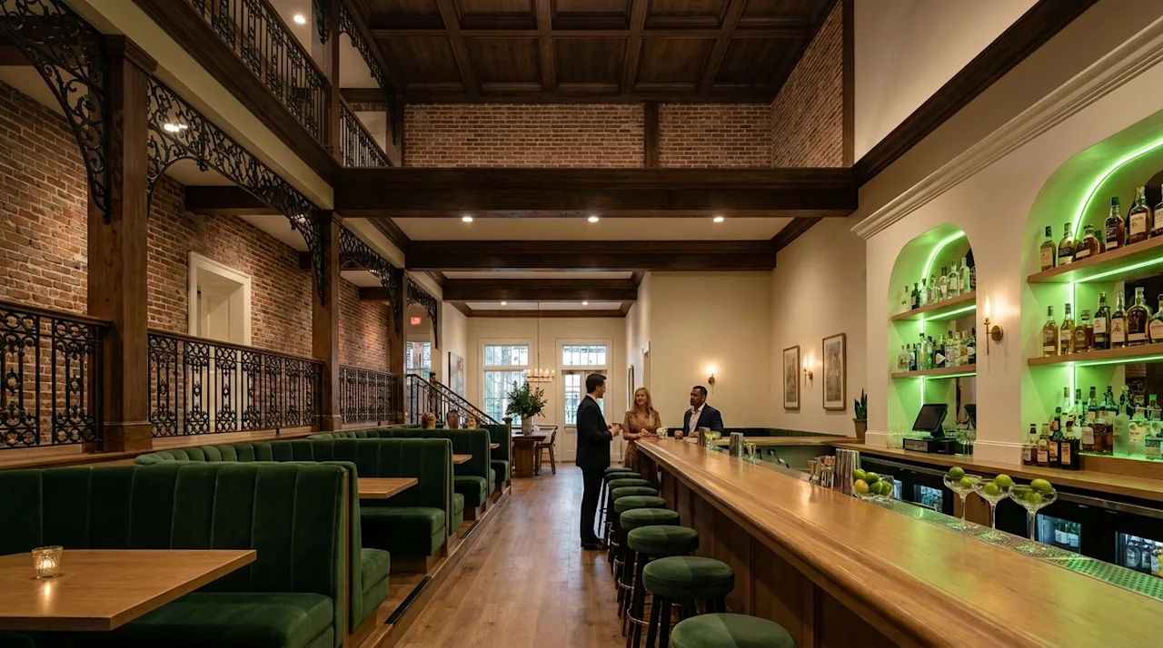 Upscale Baton Rouge bar interior featuring forest green velvet booths, exposed brick, and lime green ambient lighting.