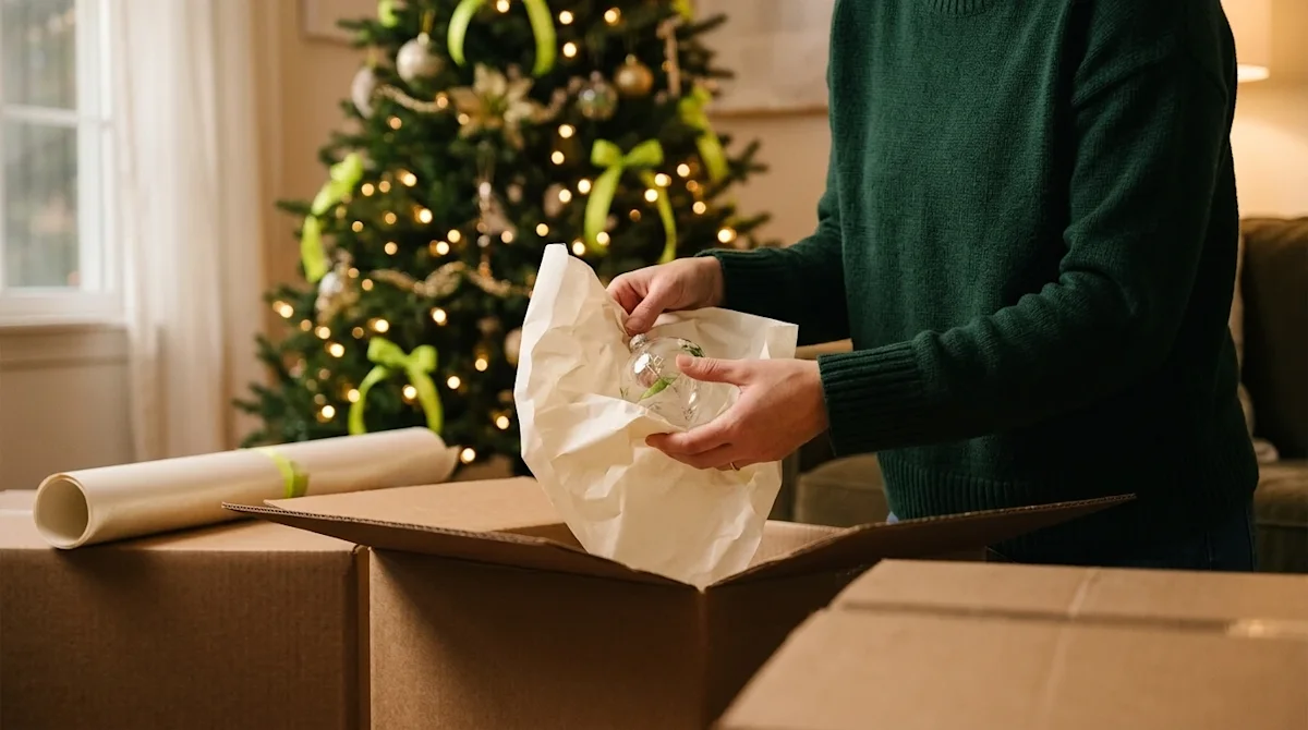 Professional marketing photography of a person carefully unpacking fragile holiday decorations from a brown cardboard moving