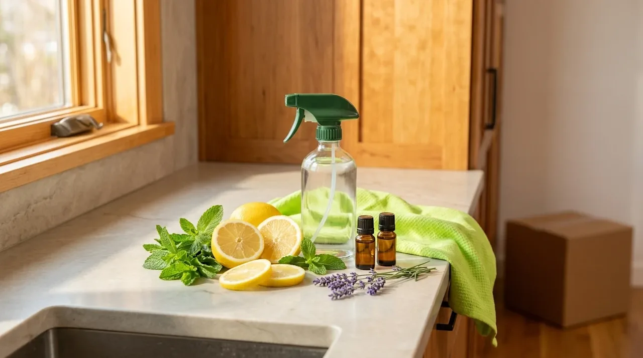 A warm, inviting lifestyle photograph of natural home insect repellents arranged on a light stone kitchen counter. The compos
