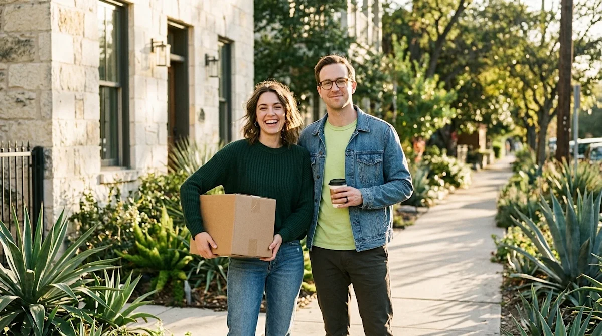 Clear, professional marketing photography of a stylish young professional couple standing happily on a sun-dappled sidewalk i