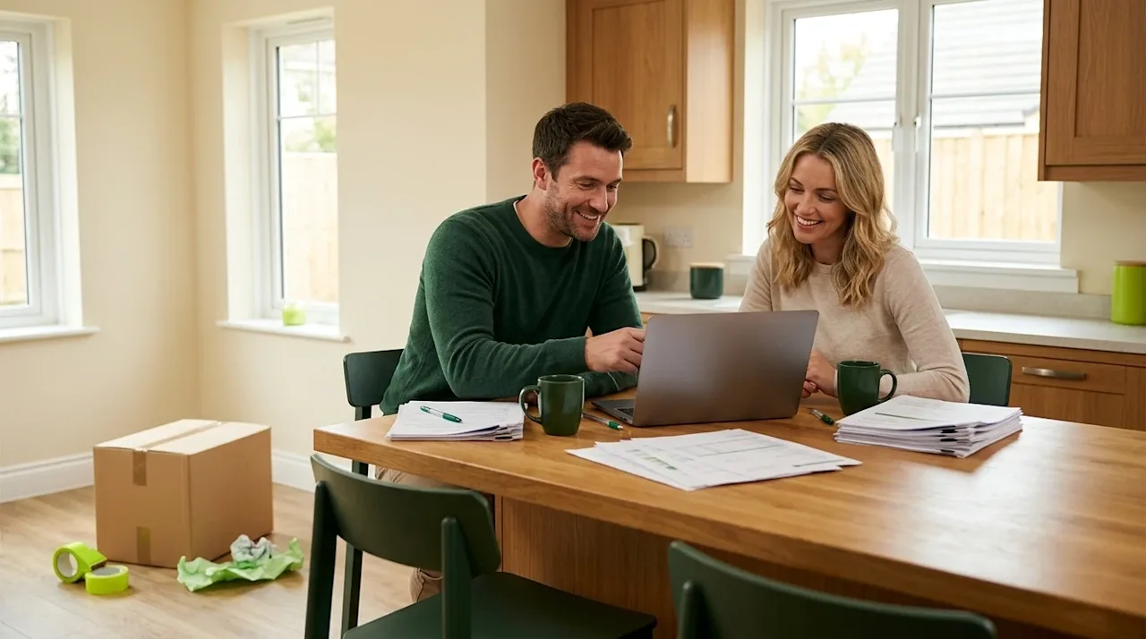 Professional marketing photography of a happy couple sitting together at a warm wooden kitchen island in their newly purchase