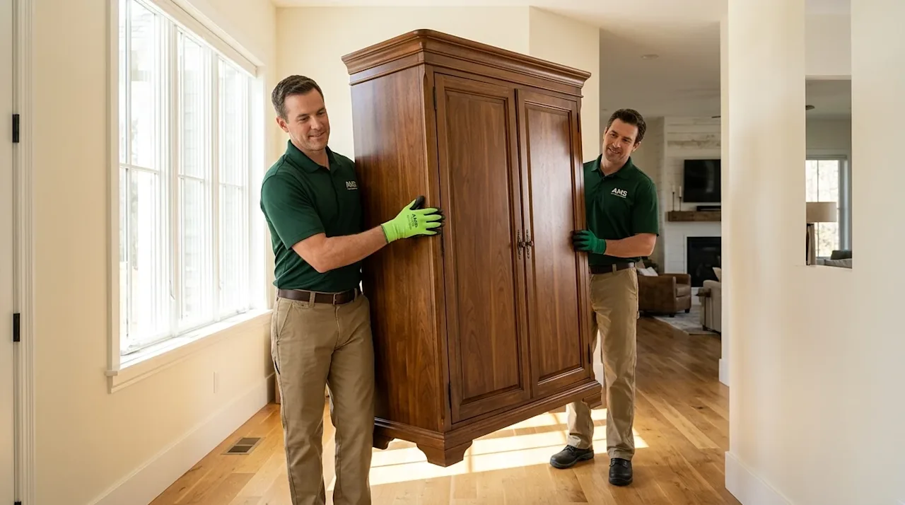 Clear, professional marketing photography of two friendly, experienced movers carefully carrying a heavy, elegant wooden armo