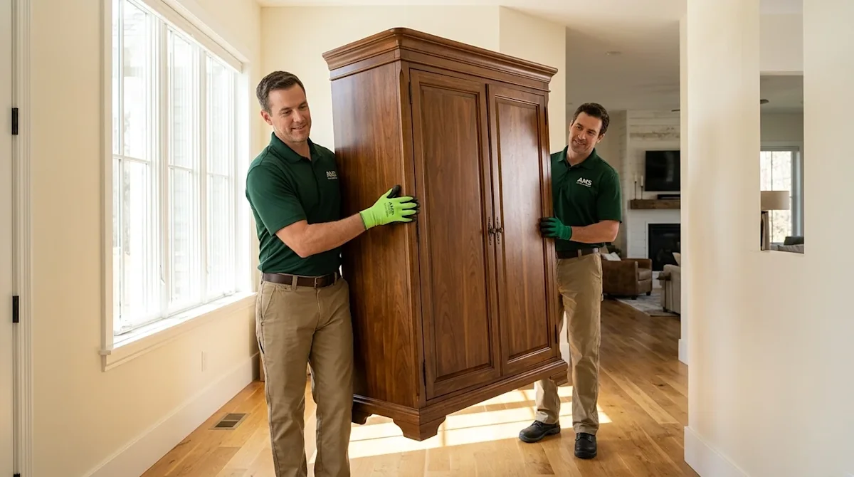 Clear, professional marketing photography of two friendly, experienced movers carefully carrying a heavy, elegant wooden armo