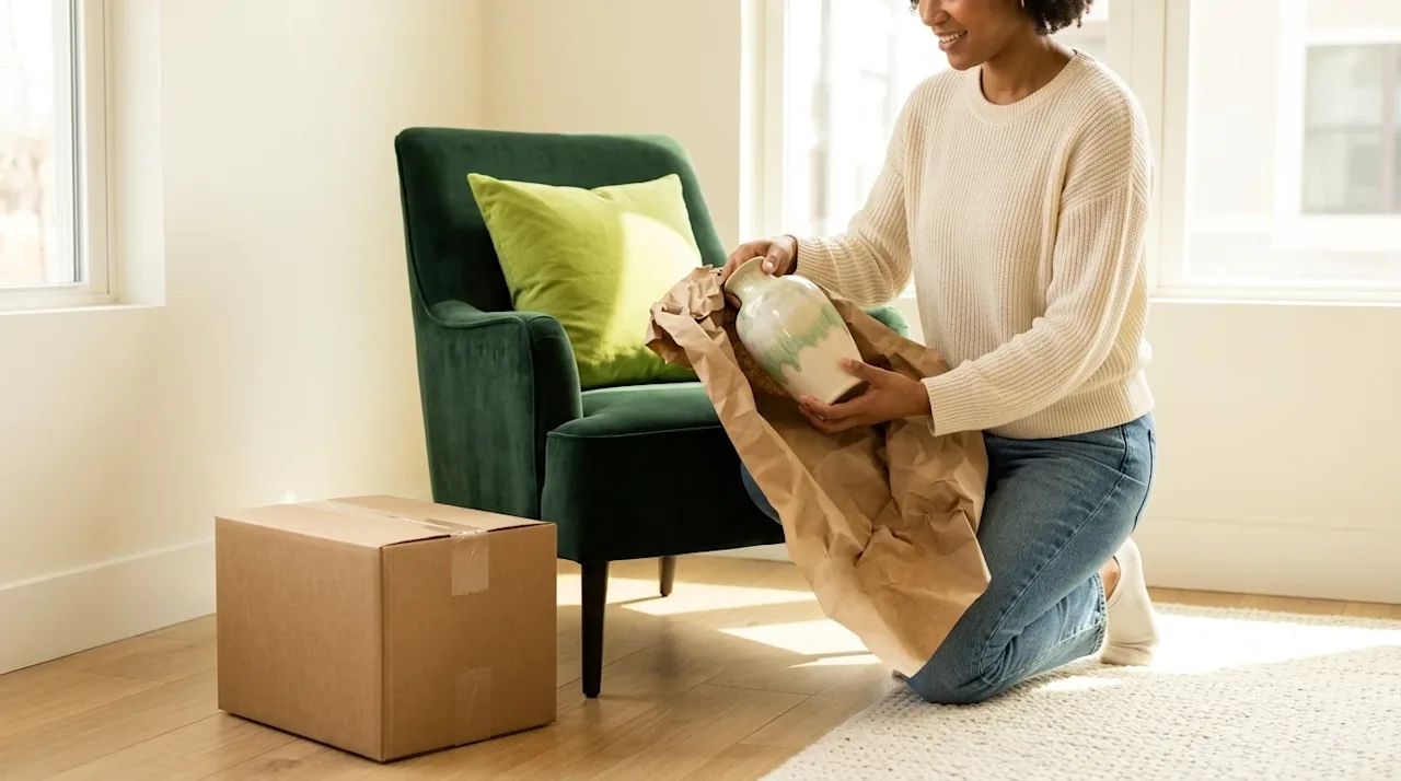 Professional marketing photography, lifestyle editorial. A person in a brightly lit, modern living room carefully unwrapping