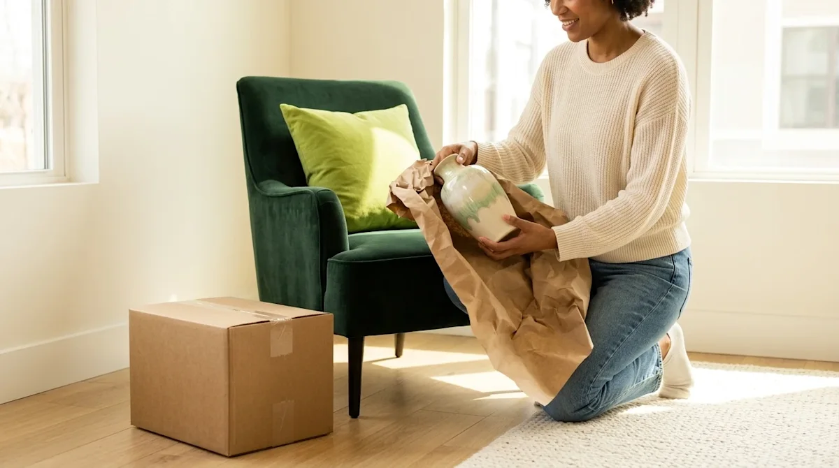 Professional marketing photography, lifestyle editorial. A person in a brightly lit, modern living room carefully unwrapping